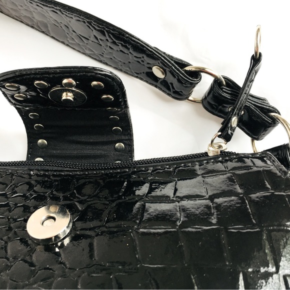 Black Aldo Spring rhinestone embellished faux lizard patent leather handbag - Picture 13 of 16